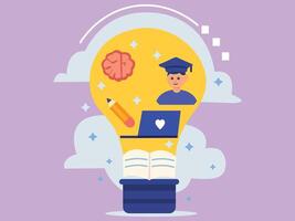 Education Concept. Flat Style illustration a person inside a light bulb with books, symbols, and thoughts representing imagination, learning, and innovation. vector