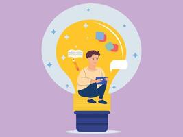 Education Concept. Flat Style illustration a person inside a light bulb with thoughts representing imagination symbols. vector
