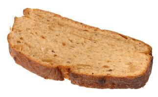 A single, slightly irregular slice of light brown whole grain bread with visible seeds and a textured crust, isolated background photo