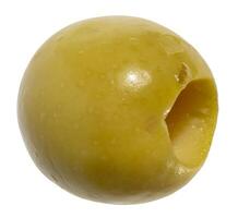 Single, smooth, pitted green olive, isolated background. The olive has a characteristic oval shape with a hole where the pit was removed. photo