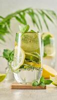 Refreshment in a glass. A close-up shot of a refreshing summer drink with lime, lemon, and mint in a modern glass on a wooden coaster photo