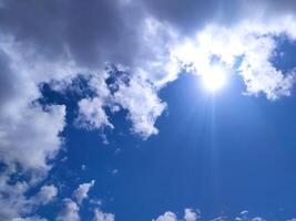 Bright sunny sky with fluffy white clouds and clear blue backdrop. Metaphor for hope, new beginnings, or clarity. Suitable for backgrounds and inspirational content. photo