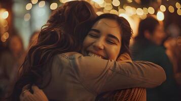 Two women hugging in front of a crowd of people photo