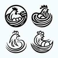 Farm Hen and Nest with Eggs, Hand Drawn Illustration Set, line art Doodle chicken on Isolated background vector