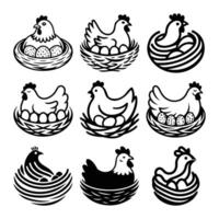 Hen Sitting on Eggs in Nest, Farm Hen and Nest with Eggs, Hand Drawn Illustration Set, line art Doodle chicken on Isolated background vector