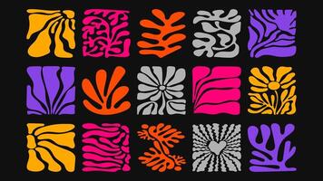 60s inspired pattern with psychedelic floral swirls, bright beach colors and wavy lines, funky and eye-catching surface design. vector