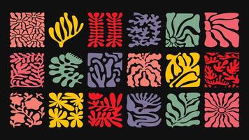 pattern with bold wavy florals, vibrant tropical plants, and groovy color splashes, retro 70s summer vibe for statement prints. vector