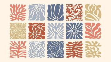 Retro pattern with minimal floral shapes, soft waves and vintage beach palette, simple hand drawn plants, ideal for summer textiles. vector