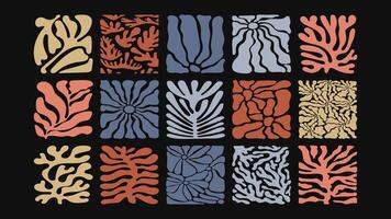 Vibrant pattern with swirling florals, groovy plants and bold wave motifs, hand drawn in psychedelic 70s style for textiles and art prints. vector