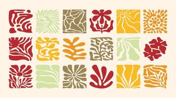 Hand drawn pattern with exotic flowers and leaves, wavy lines and retro 70s vibe, tropical and coastal decor, surface design template vector