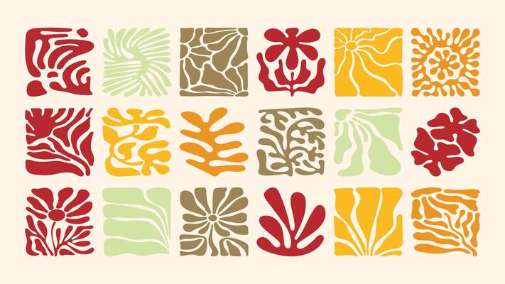 Hand drawn pattern with exotic flowers and leaves, wavy lines and retro 70s vibe, tropical and coastal decor, surface design template