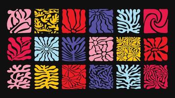 Psychedelic pattern with bold wavy florals, vibrant tropical plants, and groovy color splashes, retro 70s summer vibe for statement prints. vector