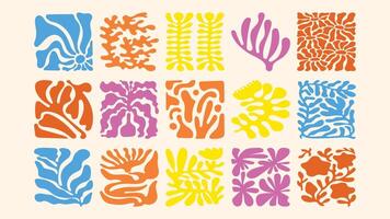 print with wavy florals, tropical plants and funky shapes, hand drawn style, modern and fresh surface pattern design vector