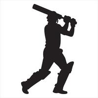 An isolated white background with a graphic silhouette of a cricket player in batting pose vector