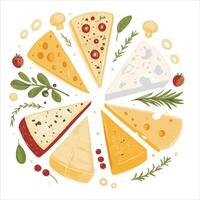 A white background with a seamless pattern of different fruits and cheeses vector
