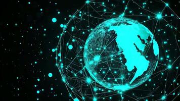 Glowing turquoise Earth with network connections on a dark background, visualizing global data flow and communication video