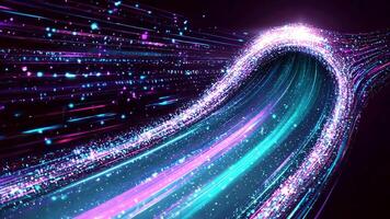 Luminous streaks of light particles form a dynamic, swirling portal against a dark backdrop video
