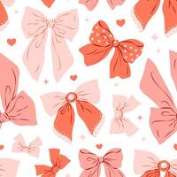 Coquette seamless pattern with red and pink bows on white background vector