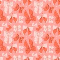 Coquette seamless pattern with various red and pink bows on pink background vector