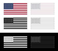 USA flag set with multiple styles and color, outline, black and white on light and dark backgrounds. Perfect for patriotic, political, or design projects. vector