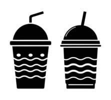 Set of black silhouette juice or smoothie cups with lids and straws. Ideal for beverage, cafe, and refreshment themes. EPS icons. vector