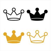 Crown icons set in black and gold. Includes simple solid silhouette and outline styles. Royal graphics perfect for logos, emblems, or designs signifying power, luxury, or status. vector