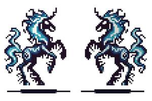 Detailed pixel art features a blue and black unicorn rearing up, showcasing flowing mane and mystical swirls that enhance its magical appearance vector