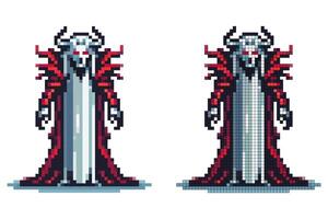 A pixelated character with a skull-like face and red eyes stands confidently in a flowing dark cape. The character exudes a menacing presence, surrounded by an aura of mystery vector