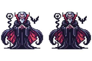 A dark, pixelated figure stands with a staff, wearing a flowing robe adorned with red accents. A raven is nearby, creating an eerie atmosphere. The character is captivating and ominous vector