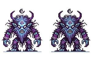 A powerful creature stands tall with prominent horns and glowing symbols on its forehead. The vibrant pixel art features intricate details, showcasing a blend of colors, emphasizing its mystical aura vector