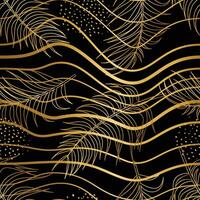 Gold outline floral seamless pattern with leaves. wavy abstract lines tropical background vector