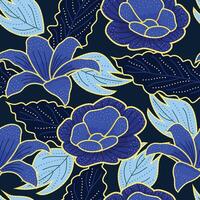Intricate red lilies and white roses blossom seamless batik pattern on a warm terracotta background, accented with gold detailing. elegant mood. vector