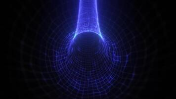 Bright glowing blue electric tunnel with dynamic wireframe lines and neon energy pulses, simulating a high-speed data flow video