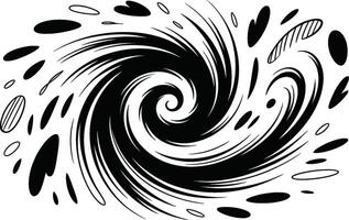 Swirling abstract black and white spiral design with decorative scattered shapes and dynamic lines vector