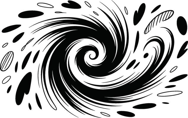 Swirling abstract black and white spiral design with decorative scattered shapes and dynamic lines