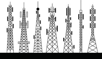 Collection of diverse communication towers silhouetted in a row showing infrastructure and networks. vector