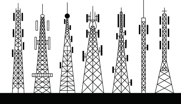 Collection of diverse communication towers silhouetted in a row showing infrastructure and networks.