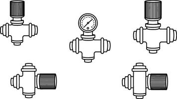 Black and white line art illustrations of industrial valves and pressure gauge for mechanical projects vector