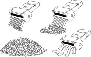 Illustration of a paper shredder in various stages of operation and its resulting shredded pieces vector