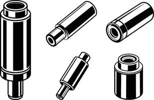 Isometric view of various cylindrical industrial components in black and white design vector