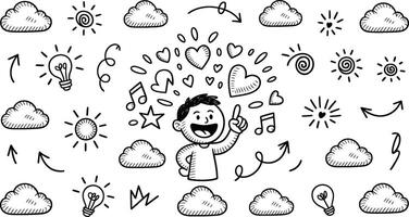 Hand drawn illustrated concept of a person having an idea surrounded by hearts music and other creative elements. vector