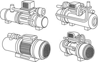 Isometric view line art illustrations of industrial water pumps for mechanical engineering and design vector