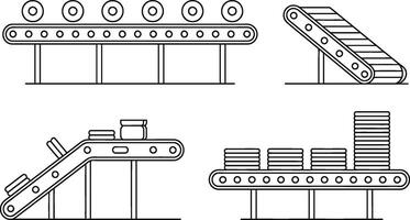 Outlined conveyor belt systems for factory production and industrial manufacturing processes vector