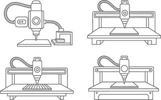 Illustrative depictions of different industrial cnc machine setups and operation process in outline style. vector