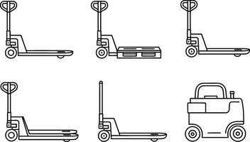 Collection of line art illustrations showcasing various industrial pallet jacks and handling equipment vector