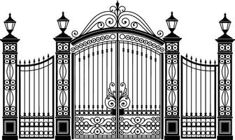 Elegant illustration of ornate wrought iron gate with detailed lamp posts and design vector