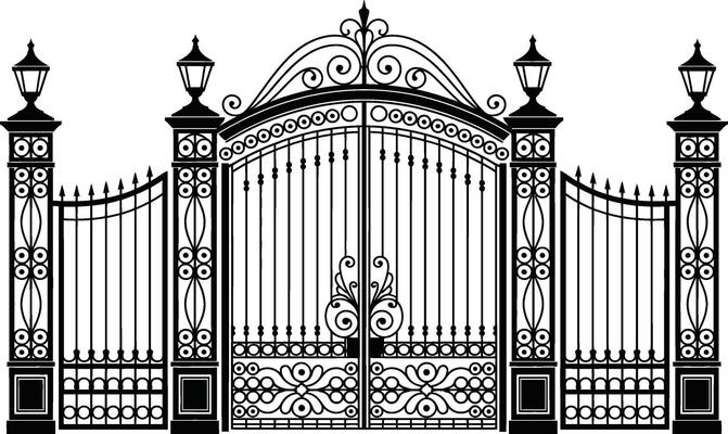 Elegant illustration of ornate wrought iron gate with detailed lamp posts and design