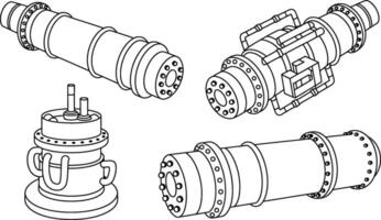 Isometric view of mechanical pipes and industrial components in black and white line art vector