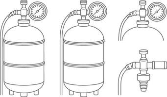 Outline illustration of medical oxygen cylinder and pressure gauges for healthcare purposes vector