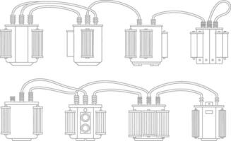 Simplified line drawing depicting electrical transformers and their interconnected wiring configurations vector